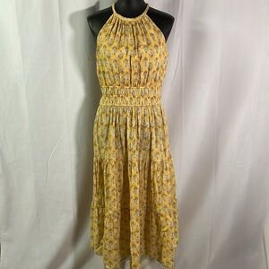 Maijin Yellow Metallic Gold Floral Print Sleeveless Smocked Waist Midi Dress